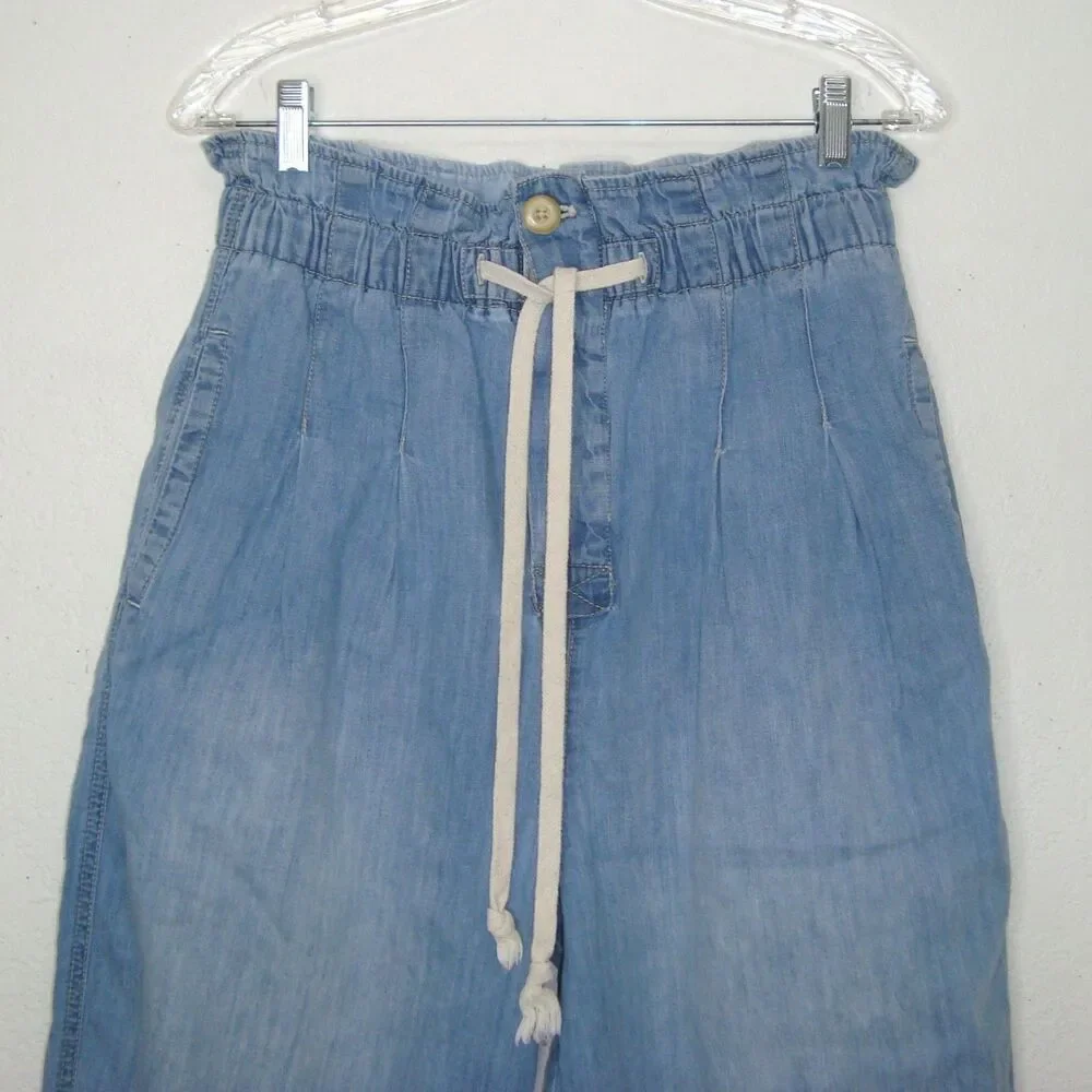 Free People Margate Pleated Paperbag Hemp Blend Button Fly Denim Pants
